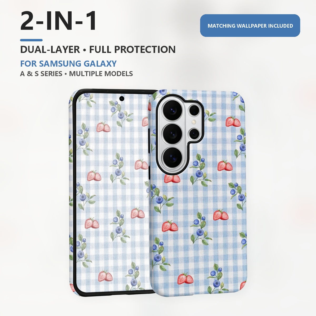 Samsung Galaxy S24 - ブルーベリー＆ストロベリー柄のギンガムチェック、2層構造のデュアルレイヤー・スマートフォンケース。対応機種：Samsung Galaxy S26、S25、S24 Plus、Ultra、FE、S20 FE、A56、A17、A16、A15。